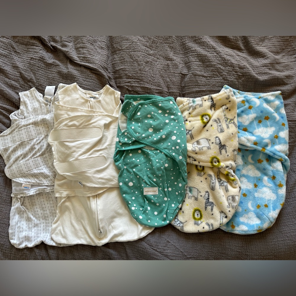 5 piece lot of sleepsacks- Halo, Miracle Baby, No Brand